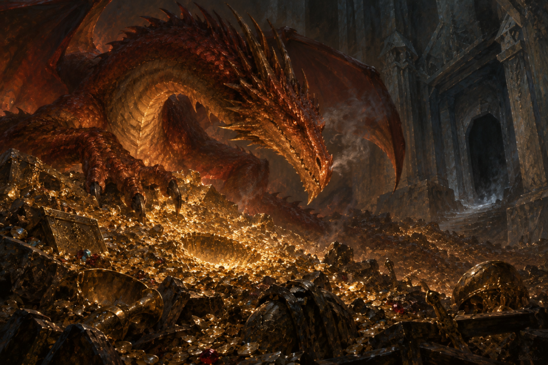 Smaug awakening in the treasure chamber of Erebor and discovering that a golden cup is missing