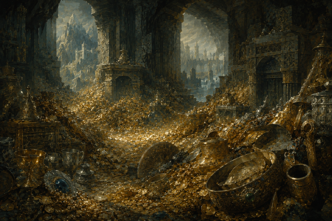 Dwarven treasures of Erebor mingled with wealth taken from Dale inside Smaug's ancient hoard.