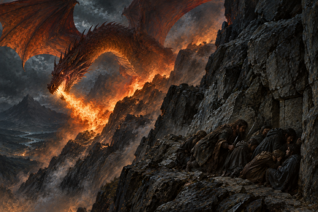 Smaug searching the slopes of the Lonely Mountain after discovering that his treasure has been stolen