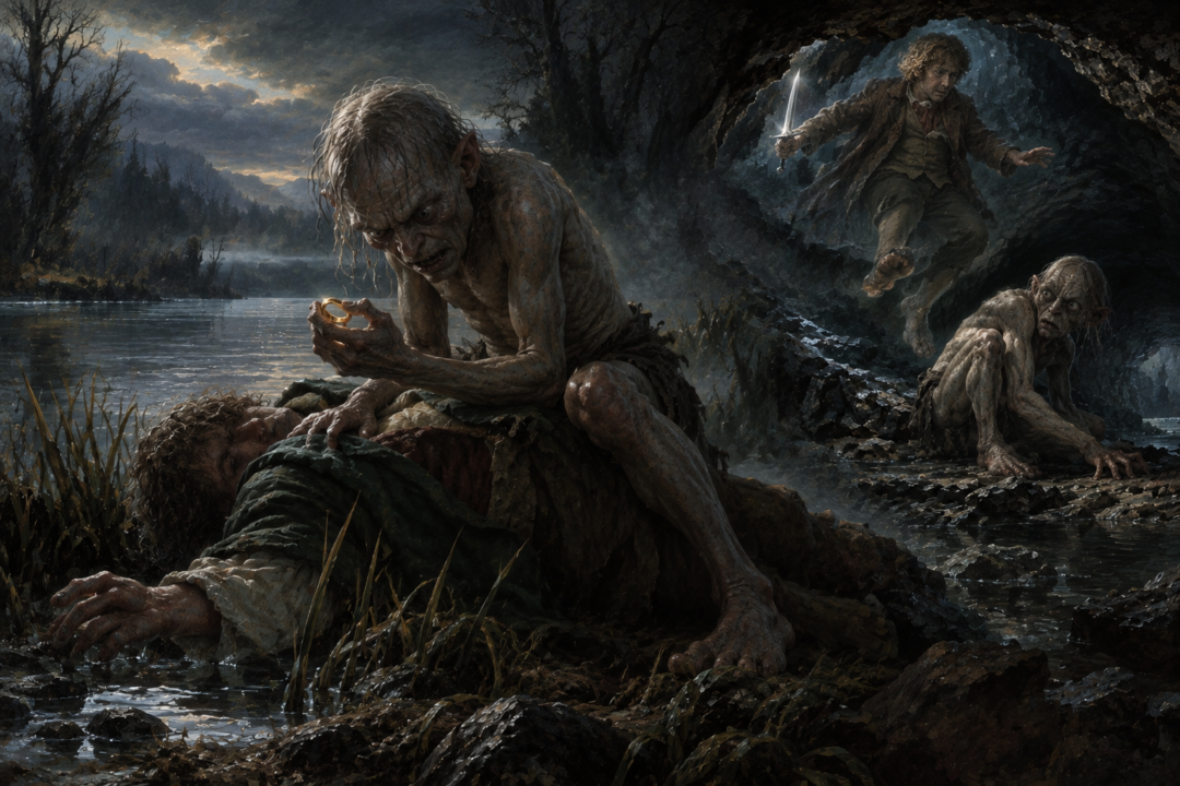 Sméagol's violent acquisition of the Ring contrasted with Bilbo choosing mercy toward Gollum.