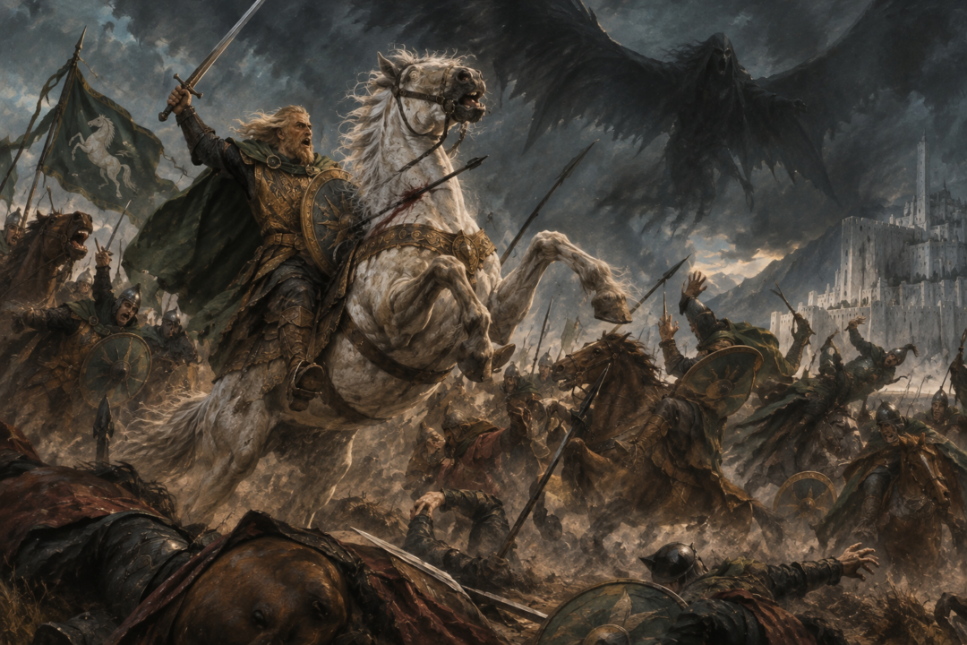 Snowmane rearing in terror after being struck by a black dart as Théoden rallies the Rohirrim.