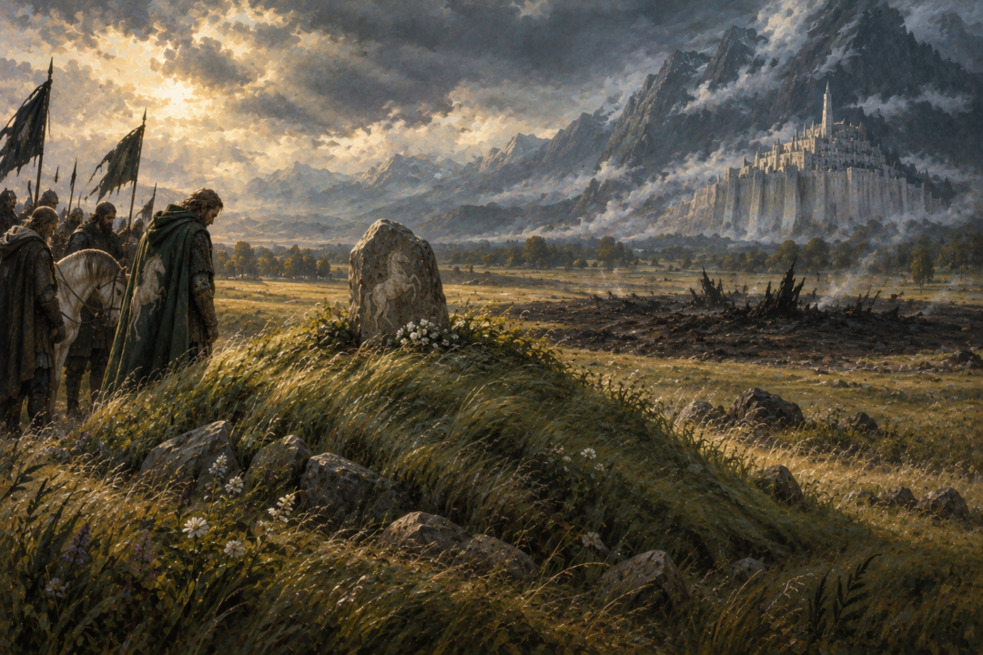 Green Snowmane's Howe contrasted with the blackened ground where the Nazgûl's winged beast was burned on the Pelennor Fields.