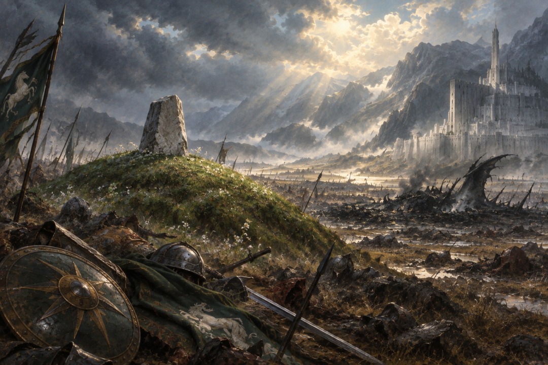 Snowmane's green burial mound on the Pelennor Fields beside the blackened ground where the winged beast was burned.