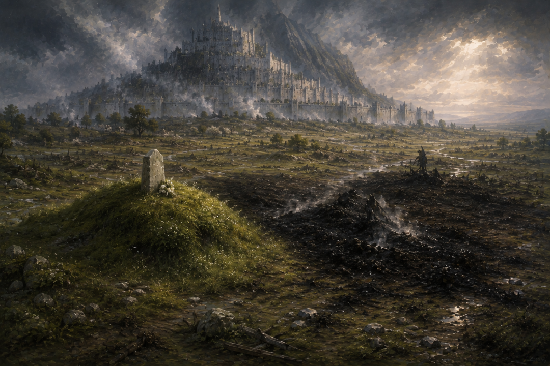 Green grass on Snowmane's Howe beside the black barren ground where the Witch-king's beast was burned