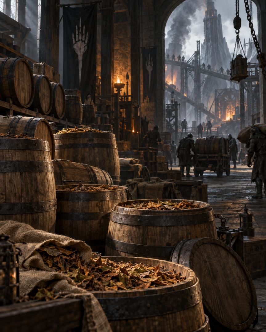 Barrels of Southfarthing pipe-weed sit inside an Isengard storehouse as Saruman's industrial preparations for war continue beyond.