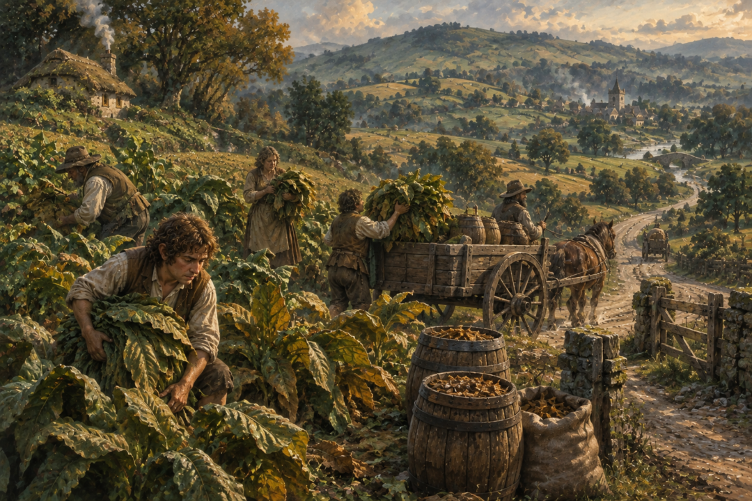 Hobbit growers harvest pipe-weed in the Southfarthing while a pony cart is prepared to carry goods along the Shire roads.