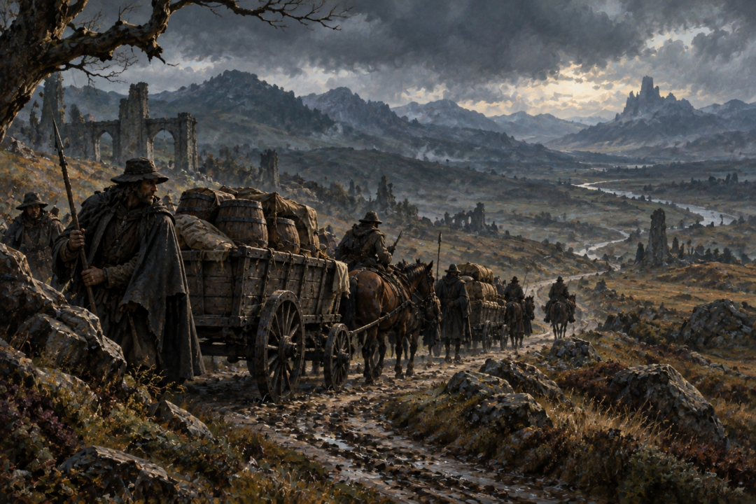 Hobbit growers in the Southfarthing prepare pipe-weed for sale while a distant agent negotiates beside a wagon.