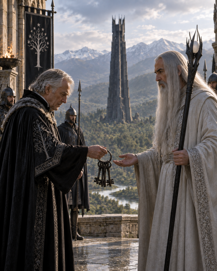 Steward Beren entrusting the keys of the ancient Gondorian tower of Orthanc to Saruman