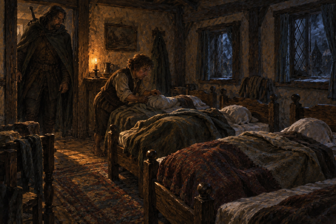 Nob prepares bolster decoys in the hobbits' beds at the Prancing Pony while Strider keeps watch.