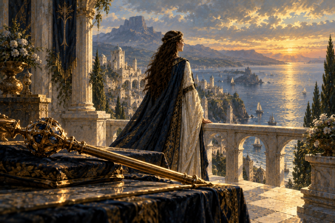 Tar-Ancalimë holding the Sceptre as the first Ruling Queen of Númenor in the royal halls of Armenelos.