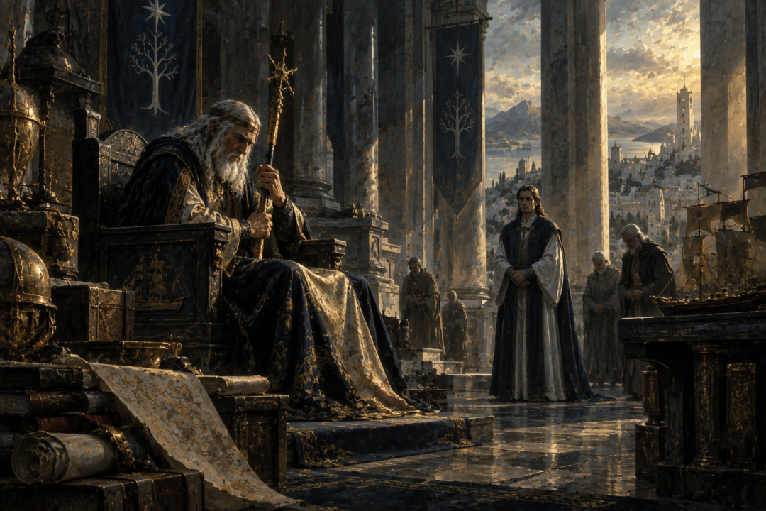 The aged Tar-Atanamir refusing to surrender the Sceptre of Númenor as his heir waits nearby