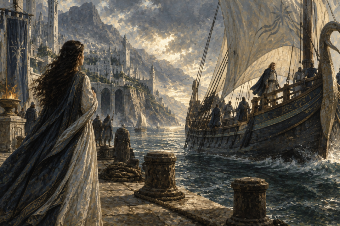 Tar-Meneldur reading Gil-galad's warning about the growing danger in Middle-earth.