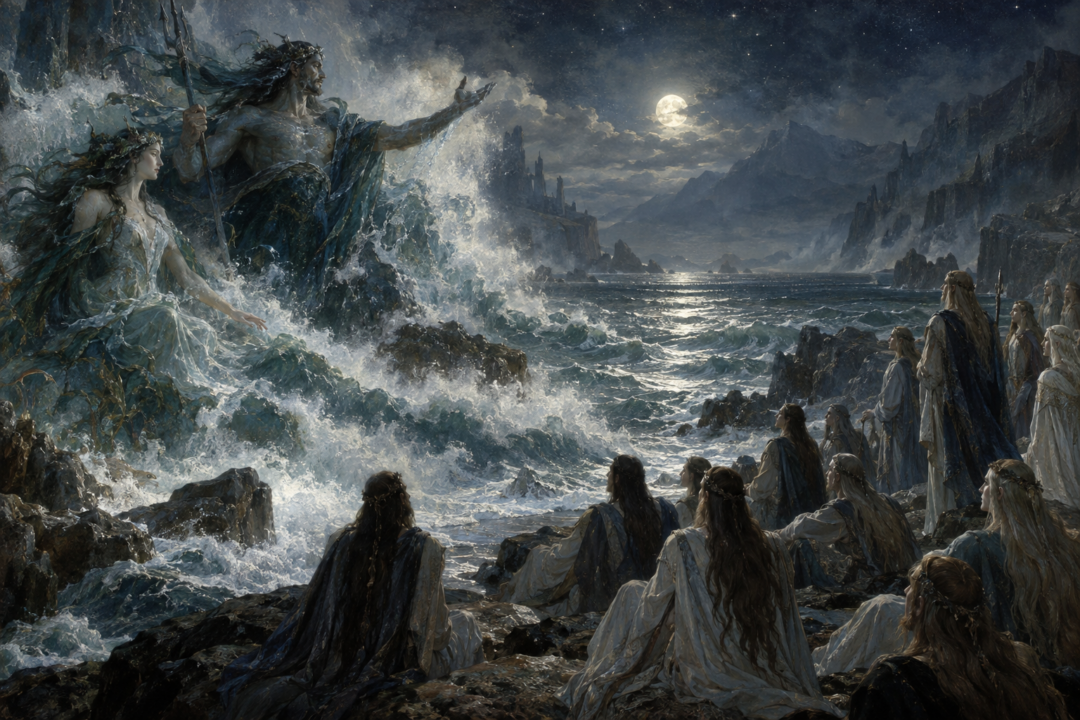The Teleri stand on the coast of Beleriand beneath the stars during their early encounter with the Great Sea.