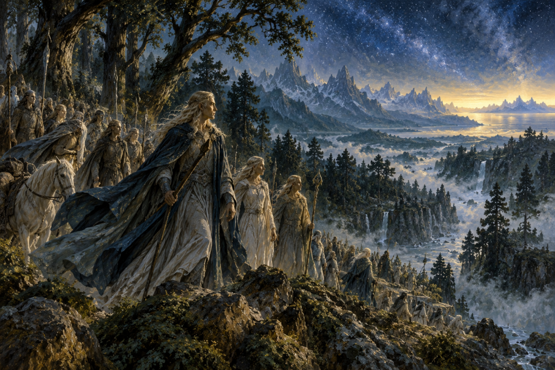 The Teleri traveling westward through Middle-earth during the Great Journey of the Eldar beneath the stars.