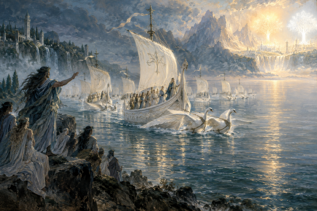 Strong-winged swans draw the newly built white ships of the Teleri across the Bay of Eldamar toward Aman.