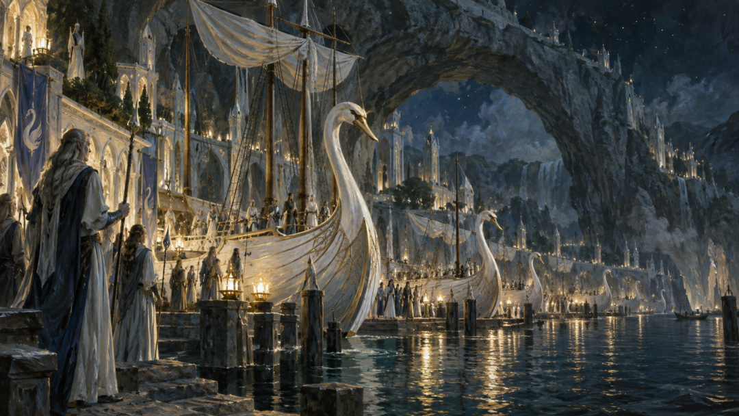 White swan-ships of the Teleri resting in the starlit harbor of Alqualondë beneath its sea-carved arch.