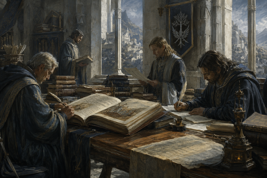 Gondorian scribes annotating the Thain’s Book in a scholarly chamber of Minas Tirith.