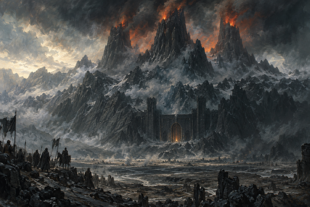 Thangorodrim rising above the gates of Angband and the Iron Mountains in the First Age