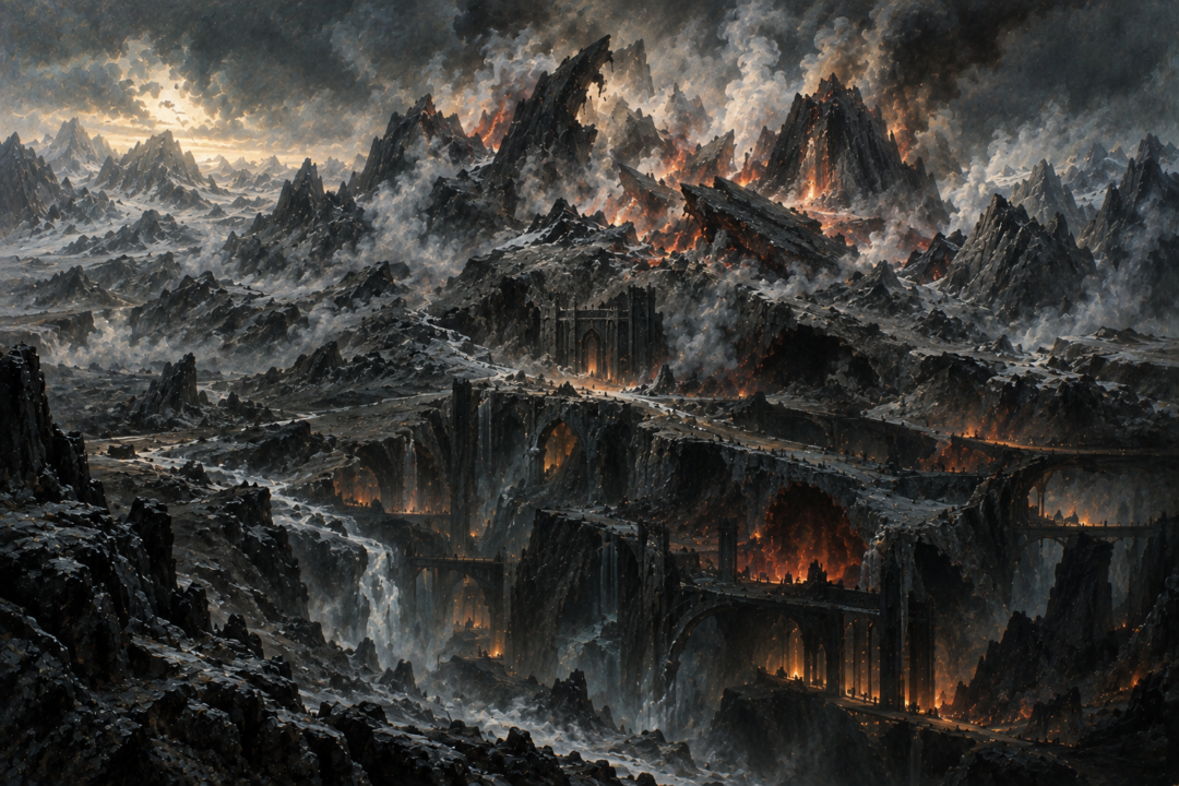 Broken Thangorodrim above partially hidden tunnels extending deep beneath the Iron Mountains