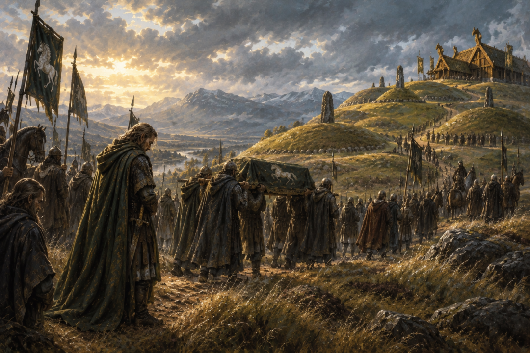 Théoden's funeral procession returning the fallen king to the ancestral burial mounds beside Edoras in Rohan.