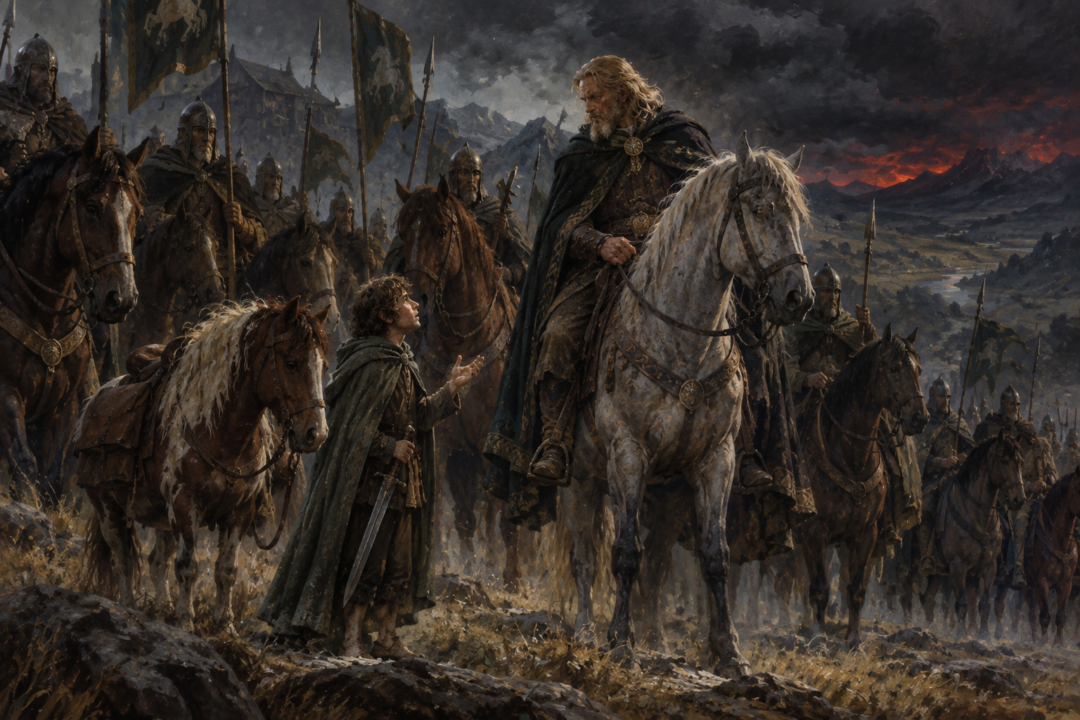 King Théoden tells Merry he cannot accompany the Rohirrim as tall warhorses gather for the ride to Gondor.