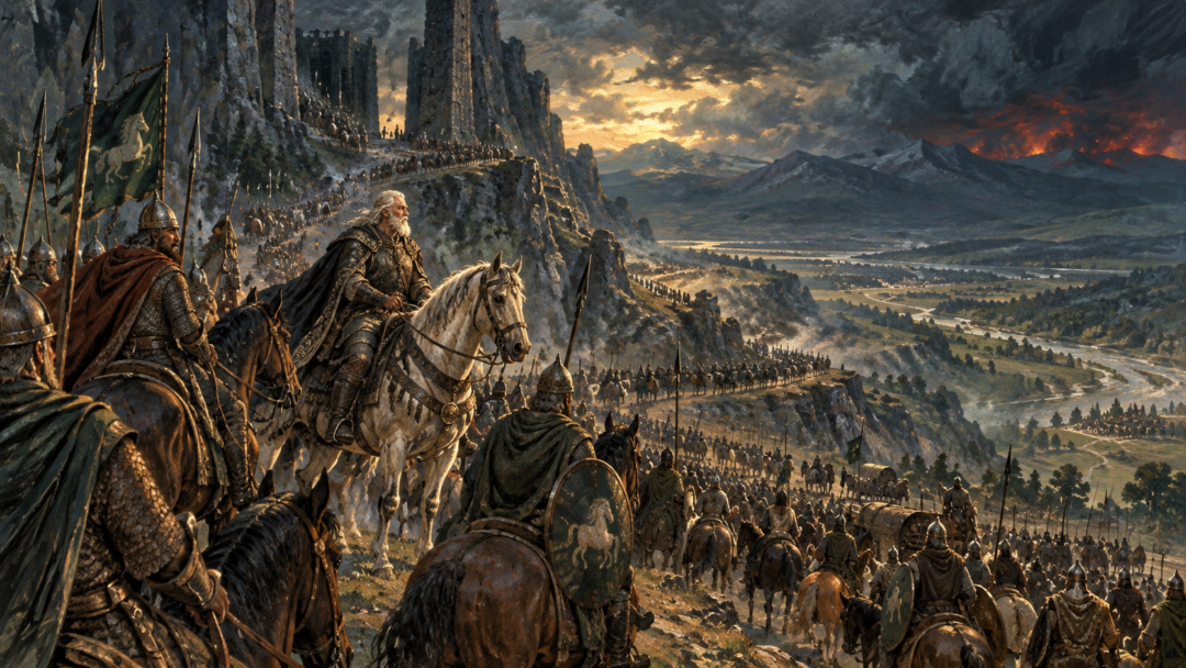 Théoden surveys thousands of Rohirrim gathering with horses and spears at the muster of Dunharrow.