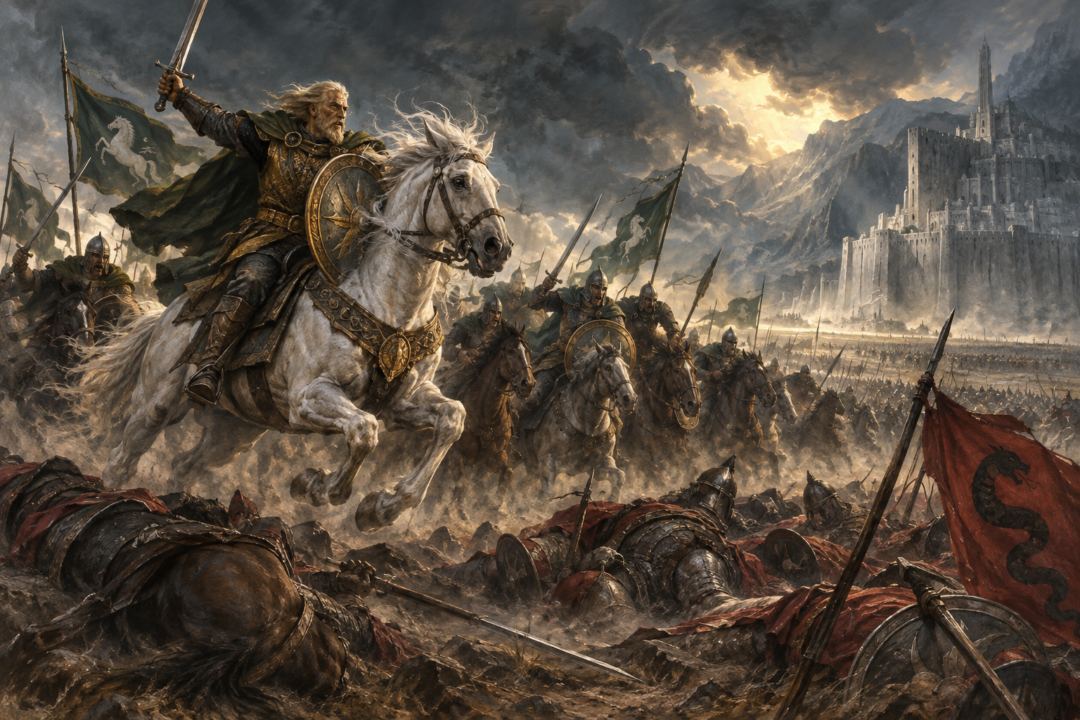 King Théoden riding Snowmane at the head of the Rohirrim during the Battle of the Pelennor Fields.