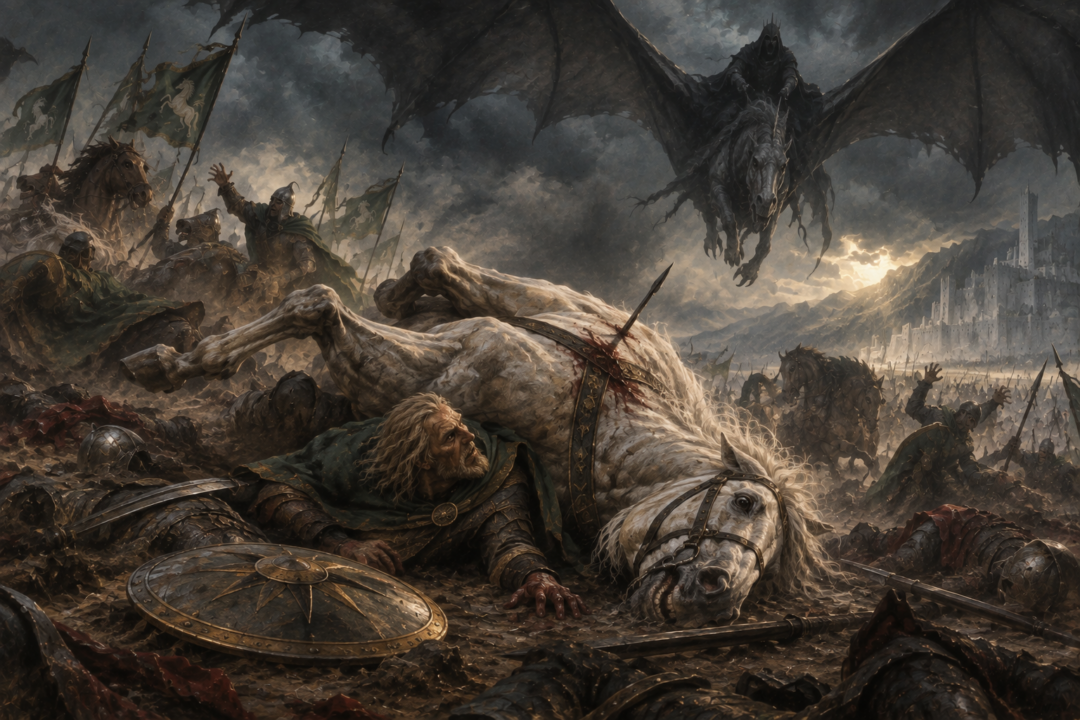 Théoden trapped beneath the fallen Snowmane as the shadow of the Lord of the Nazgûl descends.