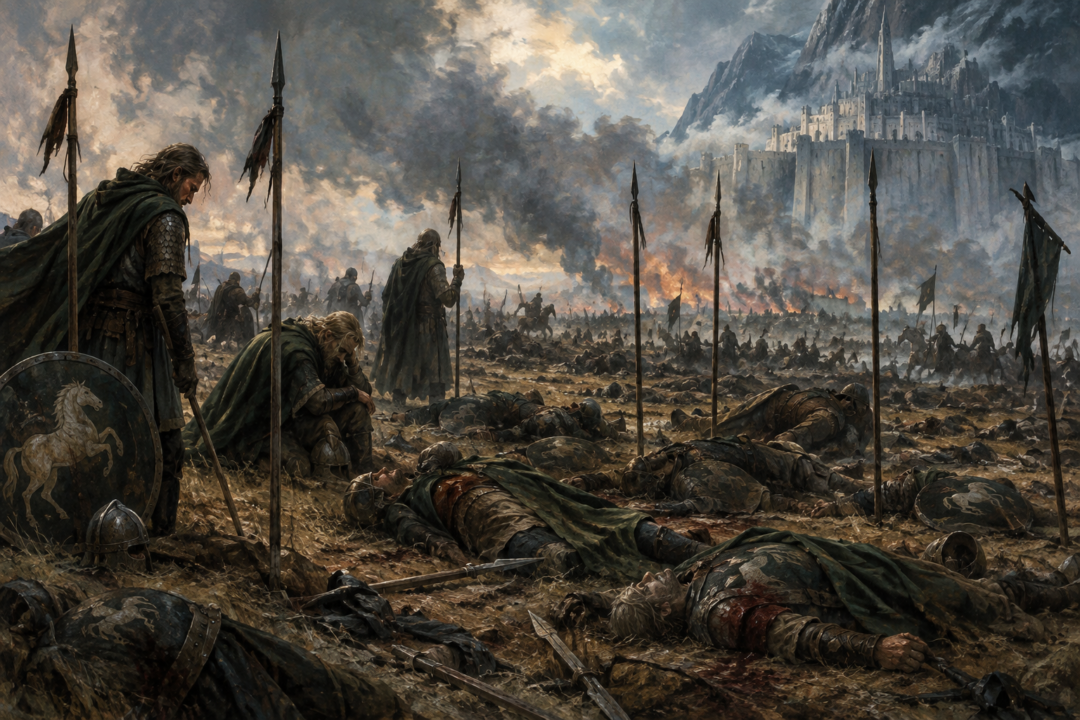 Fallen knights of Théoden's household laid apart from their foes and surrounded by spears on the Pelennor Fields.