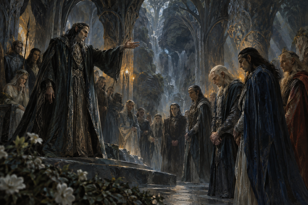 Thingol declaring the ban on openly speaking Quenya before Noldorin visitors in Menegroth