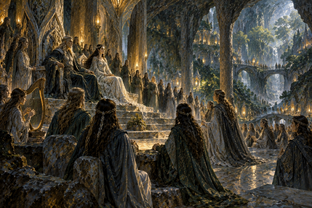 Thingol and Melian presiding over the Sindar in the carved halls of Menegroth in Doriath.