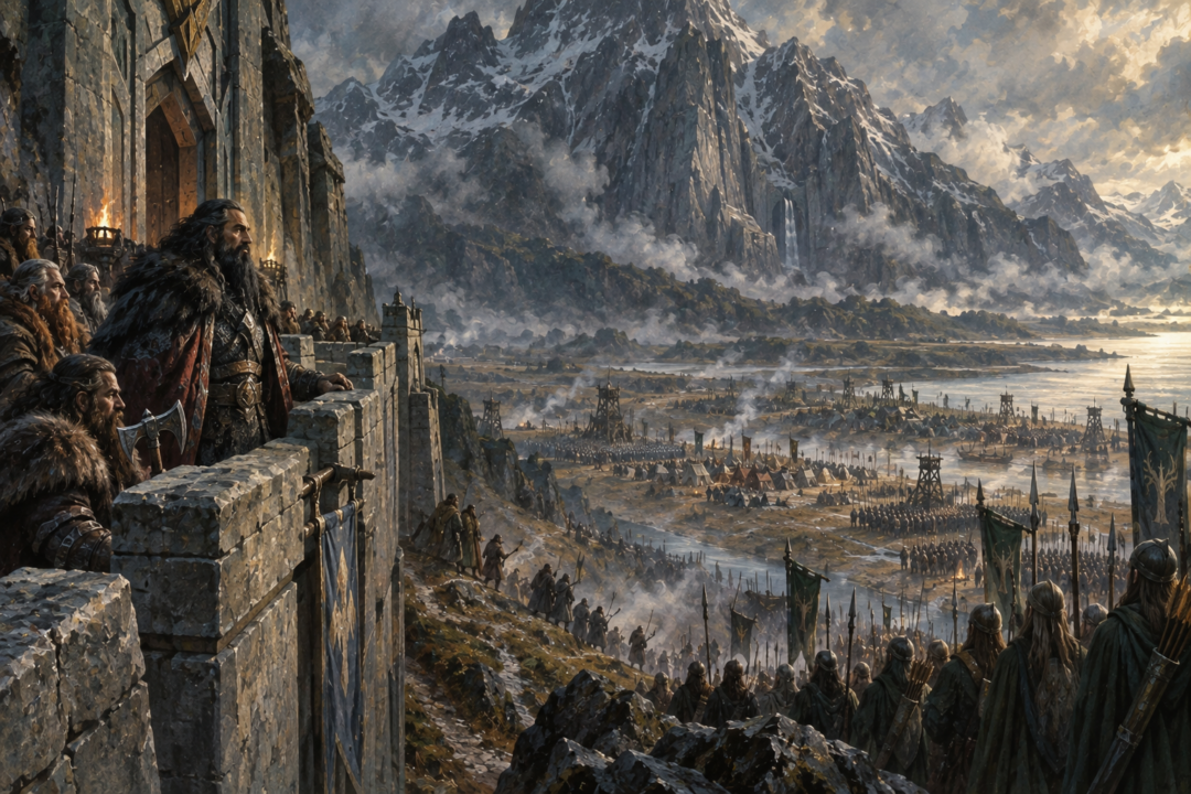 Thorin and his company defending the Front Gate of Erebor while the forces of Men and Wood-elves camp below.