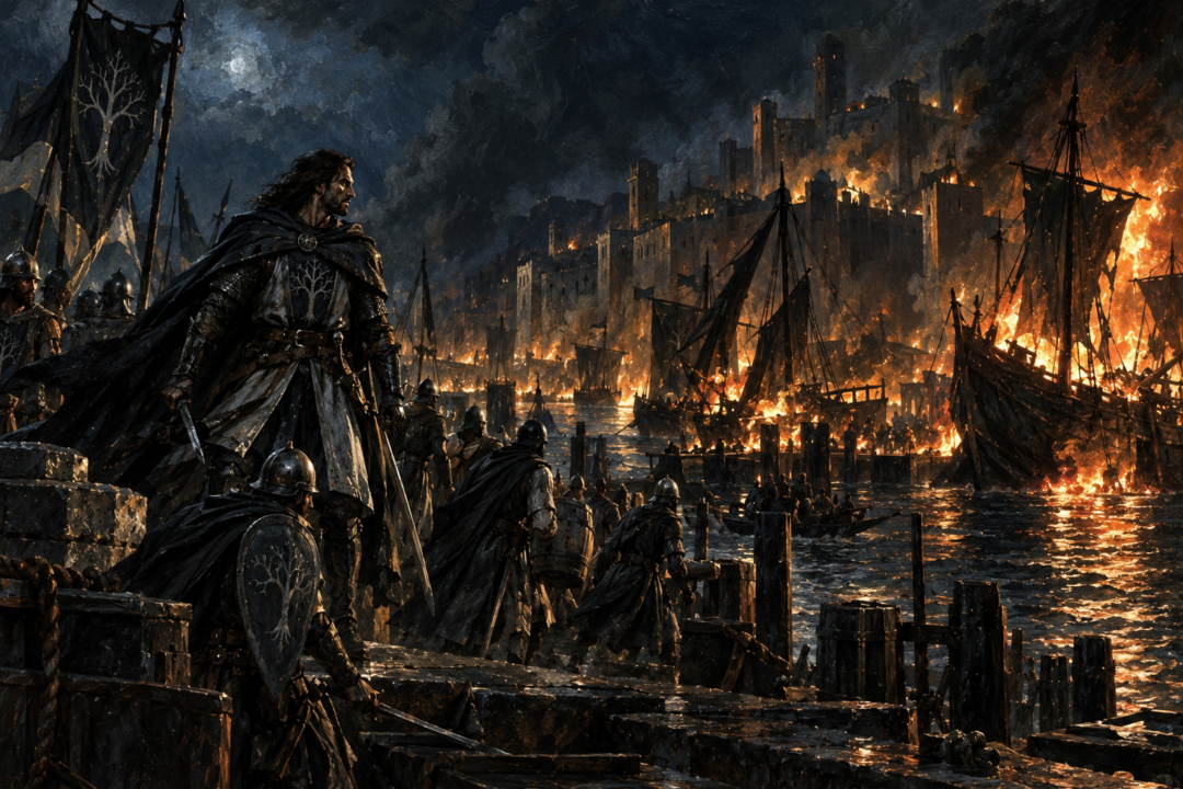 Thorongil leading a Gondorian raid against the Corsair ships and harbor of Umbar
