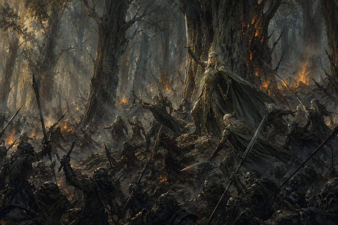 Thranduil and the Woodland Elves fighting Sauron's forces during the Battle under the Trees as fires burn in Mirkwood