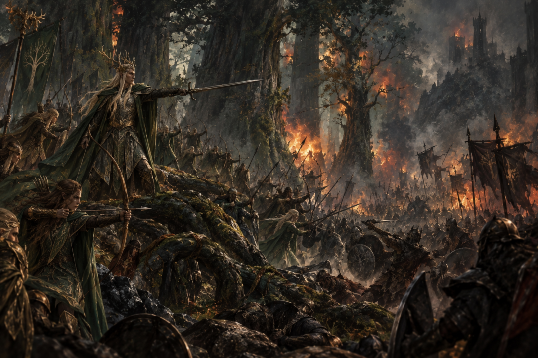 Thranduil’s Wood-elves fighting amid smoke and burning trees during the Battle under the Trees in Mirkwood.
