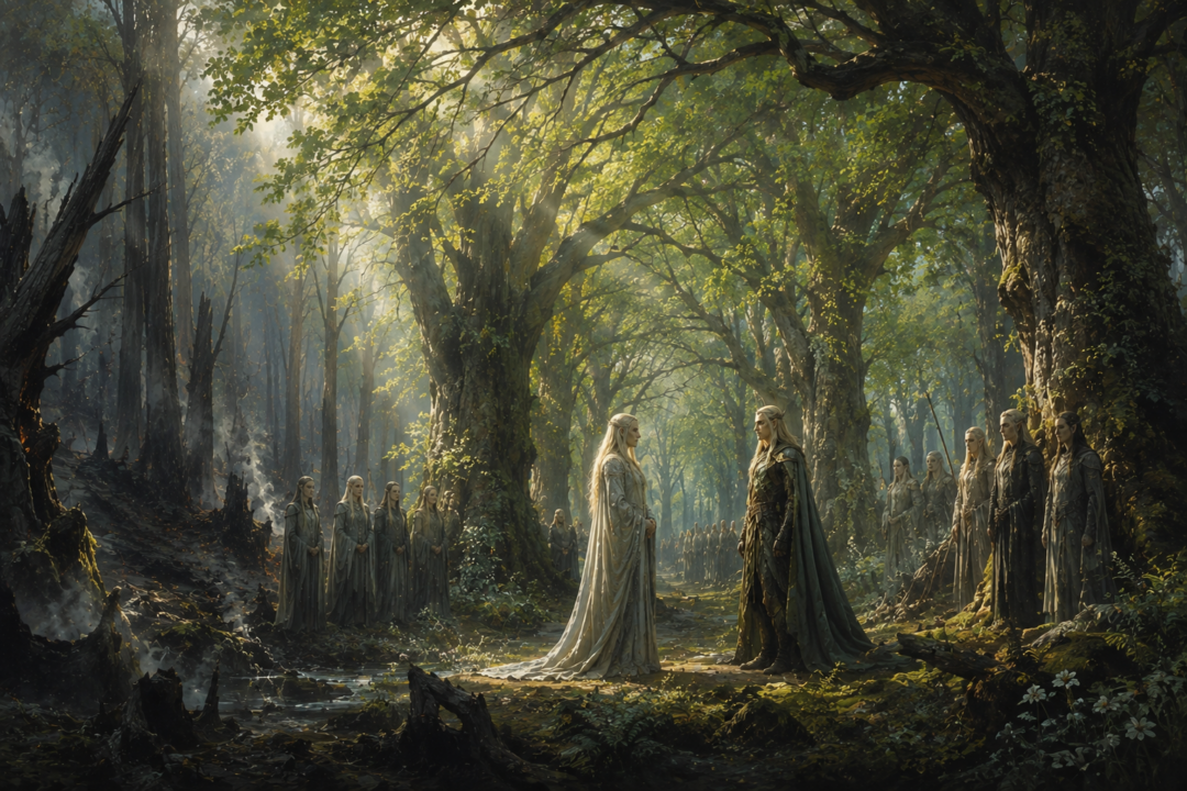 Thranduil and Celeborn meeting beneath green forest branches when Mirkwood becomes Eryn Lasgalen