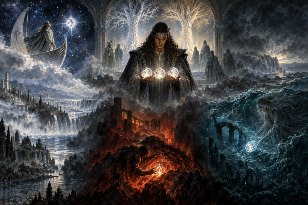 Symbolic panorama of the three Silmarils in air, earth, and sea with a vision of their recovery and the restored Two Trees.