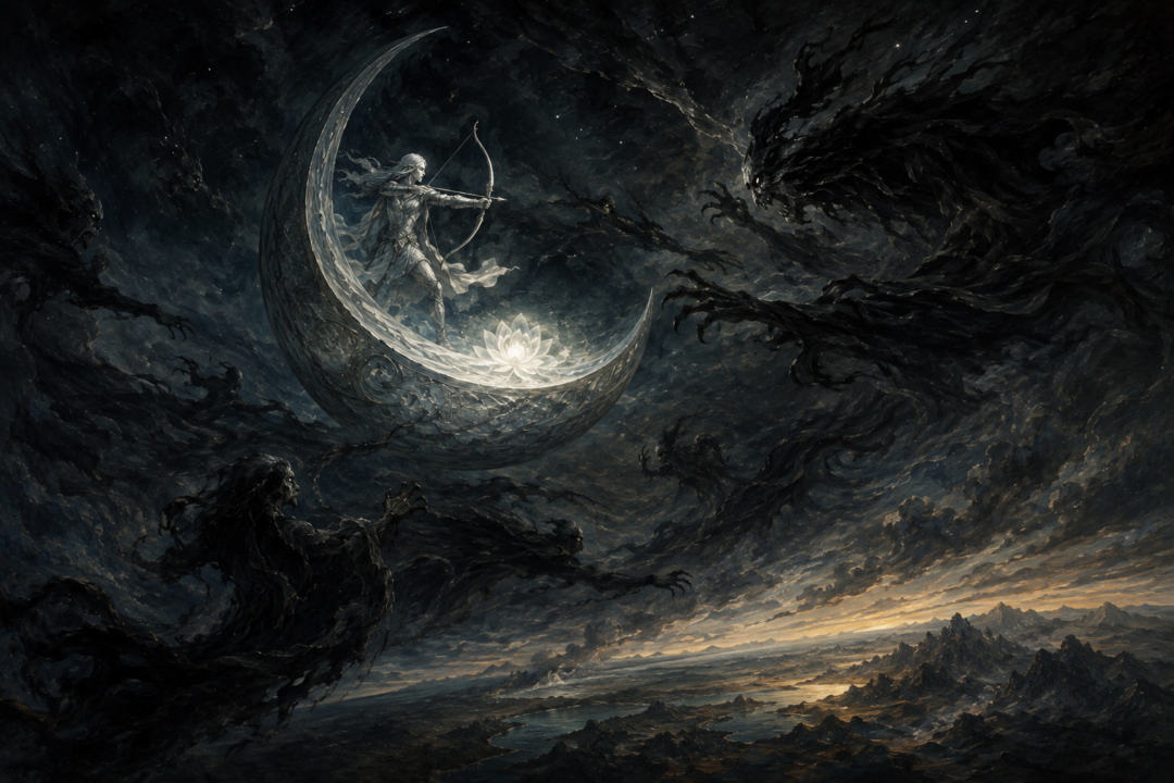 Tilion defends the silver Moon from mysterious spirits of shadow sent by Morgoth in the heavens of Ilmen.