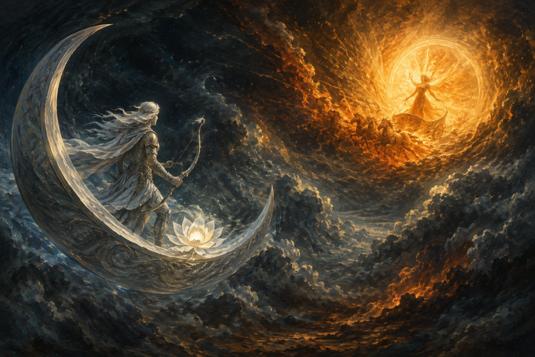 Tilion steers the Moon toward the fiery radiance of Arien as the lunar vessel becomes scorched and darkened.