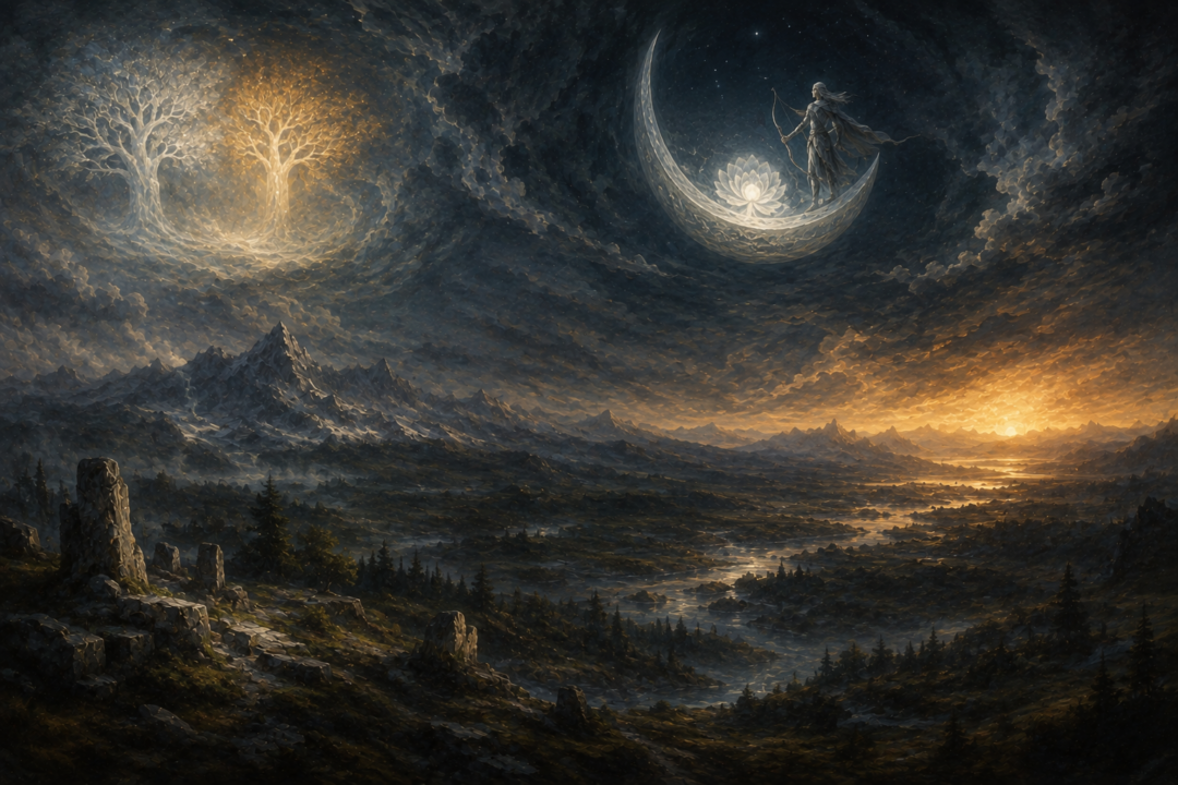 The wayward Moon carries the last silver light of Telperion above Middle-earth as the lost Two Trees fade into memory.