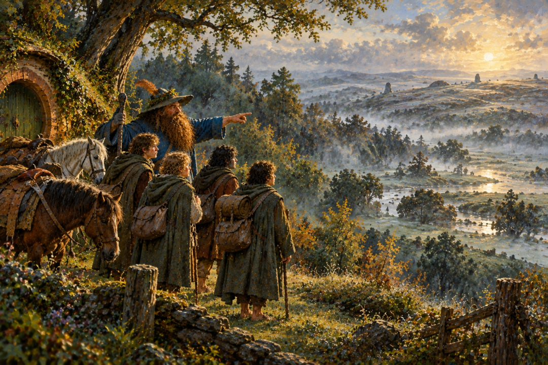 Tom Bombadil giving the four hobbits directions before their journey east toward the Barrow-downs