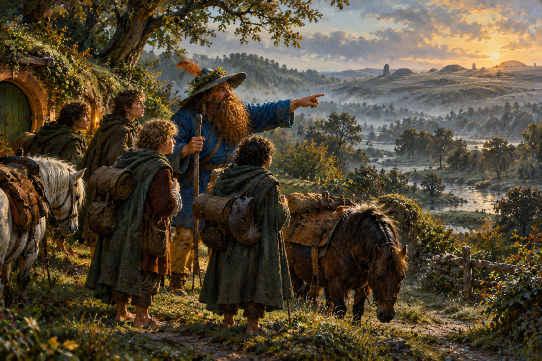 Tom Bombadil holding the One Ring while four astonished hobbits watch inside his house