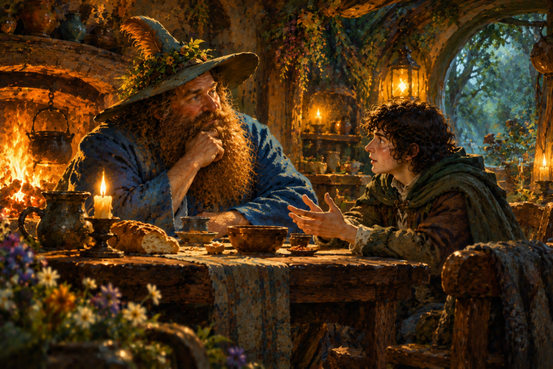 Tom Bombadil listening as Frodo and the other hobbits recount their journey inside his woodland house