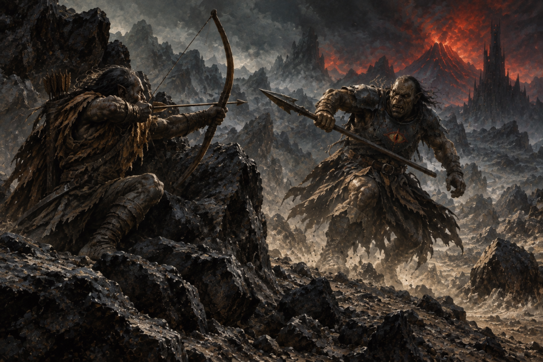 The smaller Orc tracker fires an arrow as a larger Mordor soldier charges with a spear.