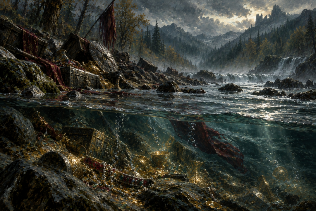 The recovered treasure of Doriath sinks into the River Ascar after the battle at Sarn Athrad.