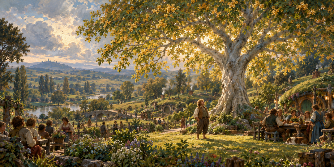 Ancient Treebeard standing contemplatively in Fangorn Forest among towering trees and weathered woodland