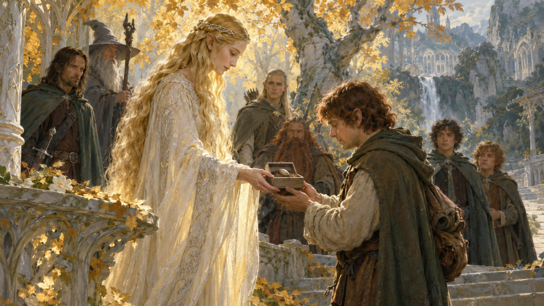 Treebeard standing among the ancient trees of Fangorn Forest while Merry and Pippin listen nearby