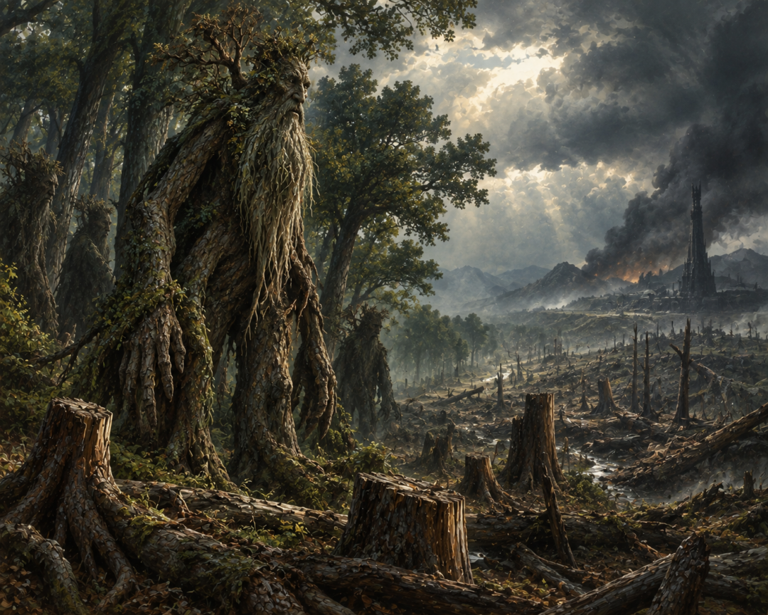 Treebeard surveys felled trees on the borders of Fangorn as smoke rises toward Isengard.