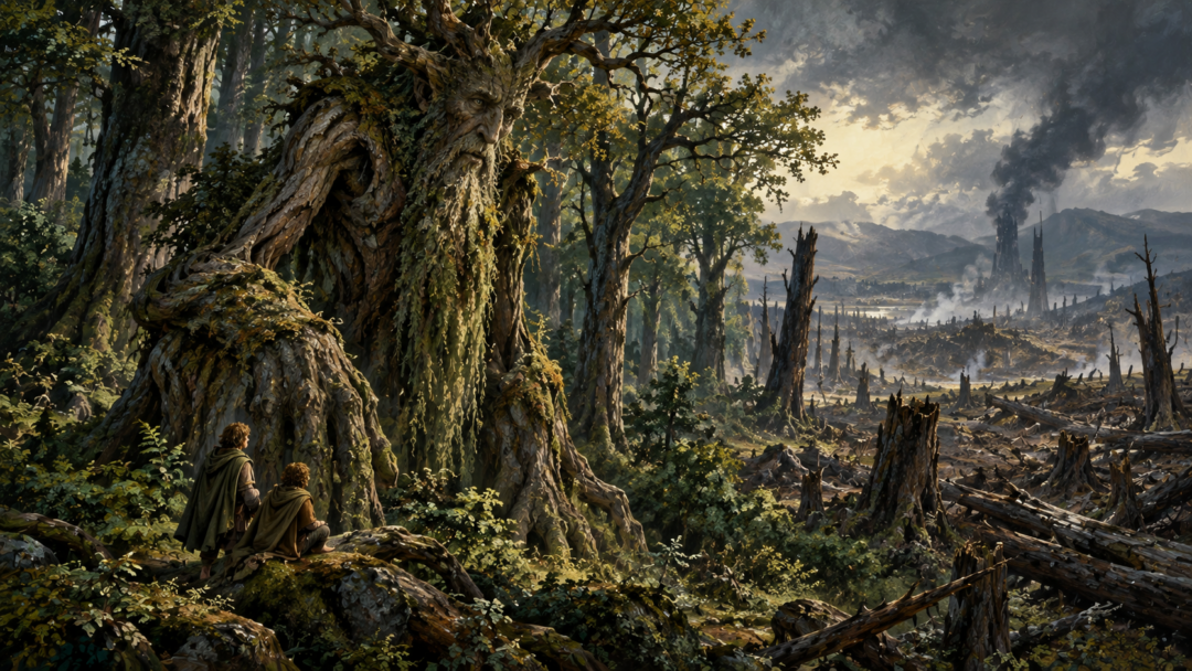 Treebeard considers Saruman's threat as Merry and Pippin stand with him near damaged trees on the edge of Fangorn.