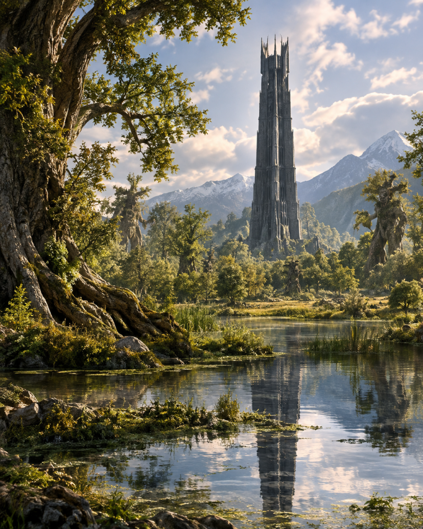 Orthanc rising above clear water and renewed woodland in the Ents’ Treegarth after the War of the Ring
